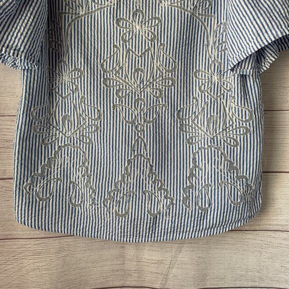 Zara Blue White Striped Blouse Sheer Floral Cutout Details Puff Sleeves Size S - Picture 3 of 16